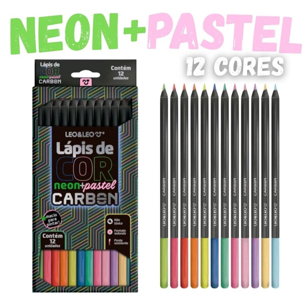 Lápis de Cor Neon + pastel 12 Cores Carbon Escolar Profissional Desenho Colorido Brilhante