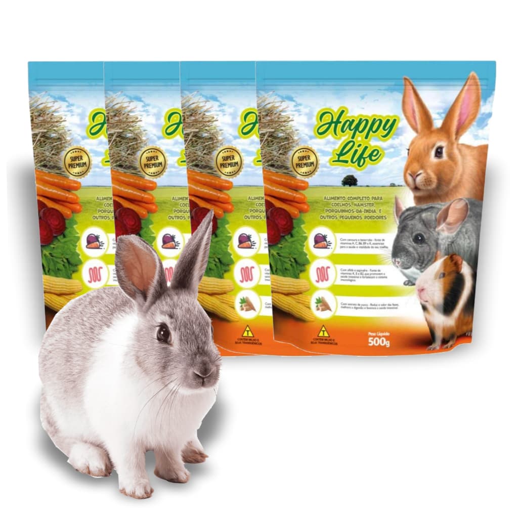 Ração Para Coelho Happy Life - 500g Kit até 4 Un -  Alimento Completo Hamster Bunny Chinchila
