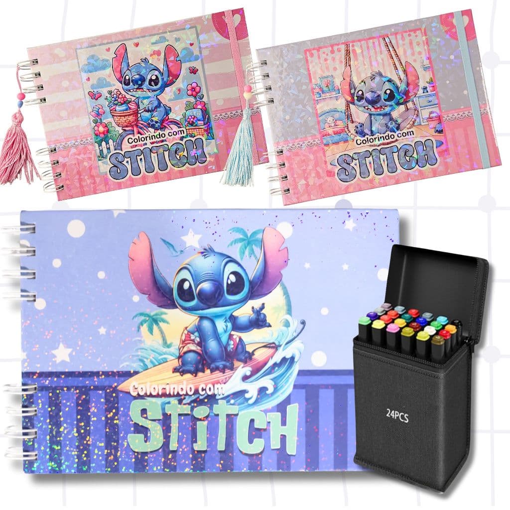 Livro de Colorir Stitch Com Caneta | Capa Dura Holográfica Folha Grossa Caderno do Desenho