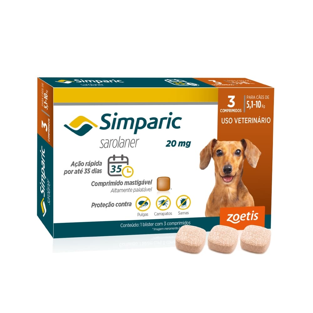 Antipulgas Zoetis Simparic 20 mg para Cães 5,1 a 10 Kg Caixa Com 3 Comprimidos