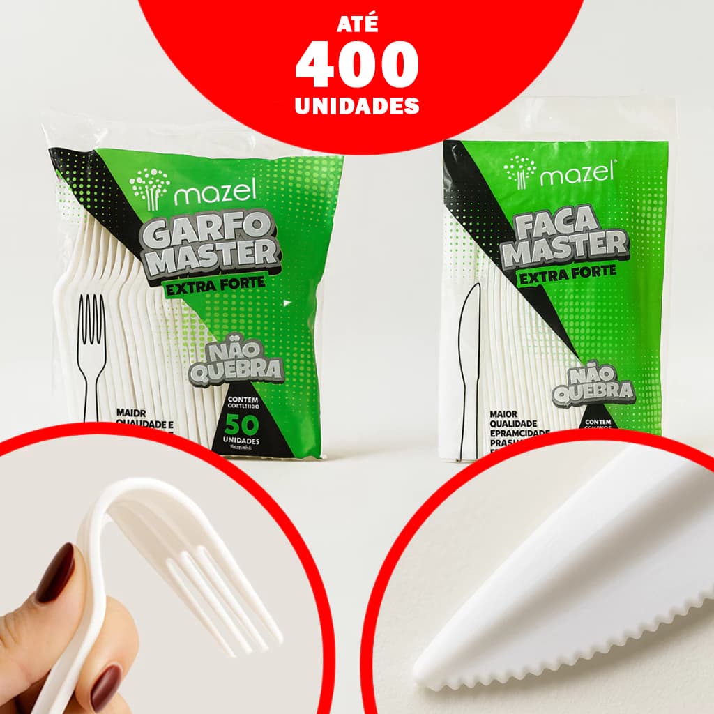 Kit Talher Garfo e Faca Inquebrável branco Descartavel Premium Refeição Churrasco Reforçado 400uni