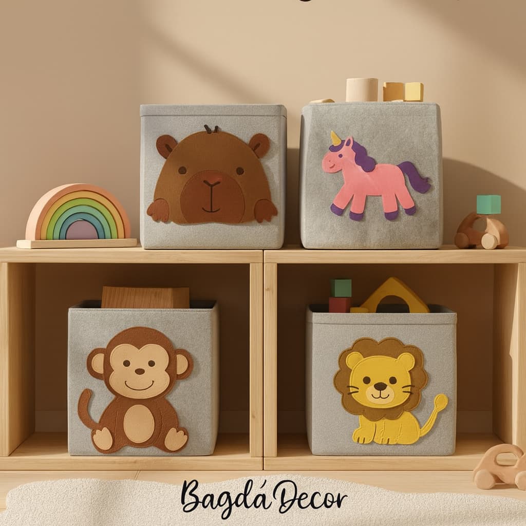 ✅Cesto Organizadores Infantis de Feltro com Animais 22L🐘🦁 🐵🐧 – Ideal para Brinquedos e Roupas🔝