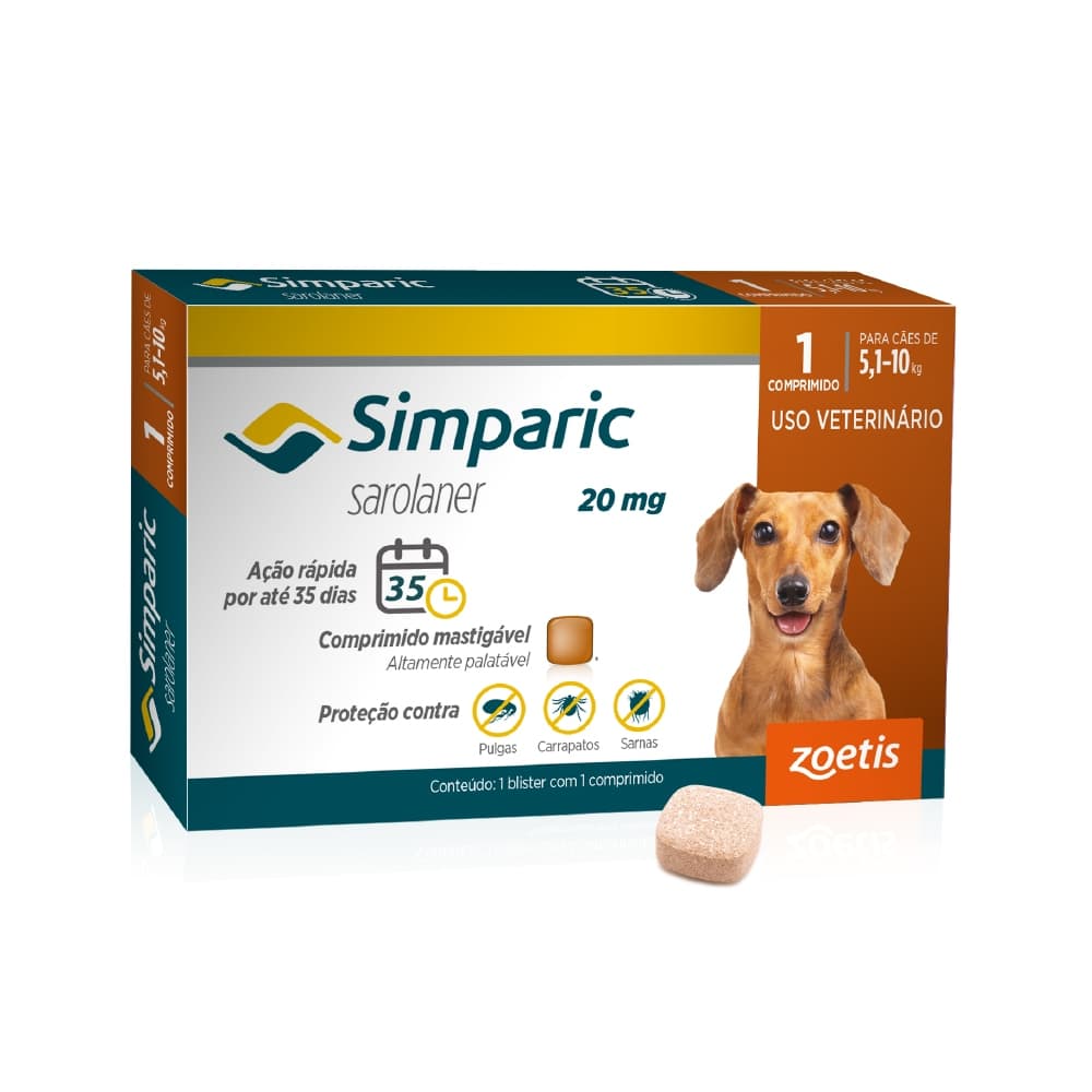 Antipulgas Zoetis Simparic 20 mg para Cães 5,1 a 10 Kg Caixa Com 1 Comprimido