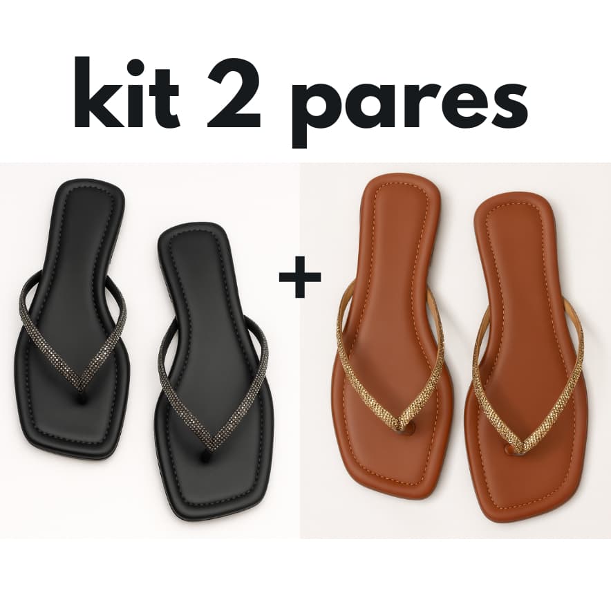 Kit 2 pares Sandália Rasteira Tira de Brilho Chinelo