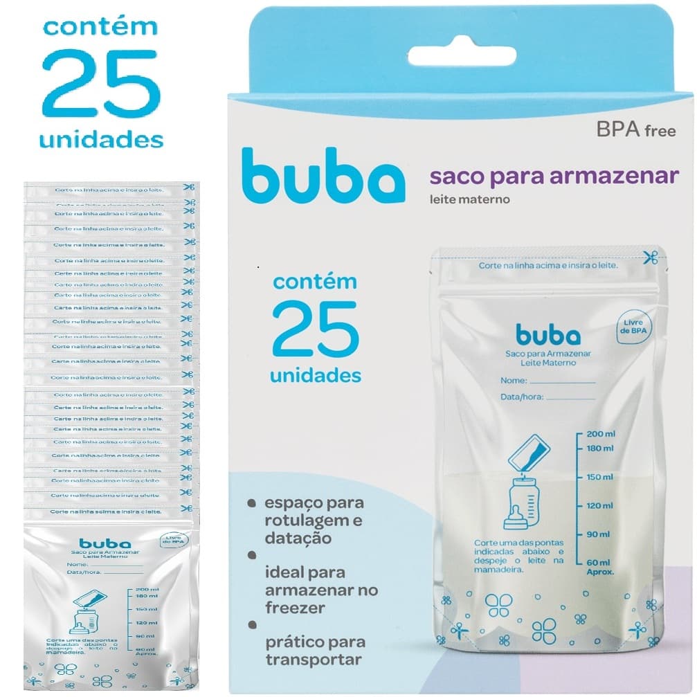 Saco Para Armazenar Kit Com 25 Sacos Leite Materno 200ml Com Ziper Duplo Anti Vazamento Buba