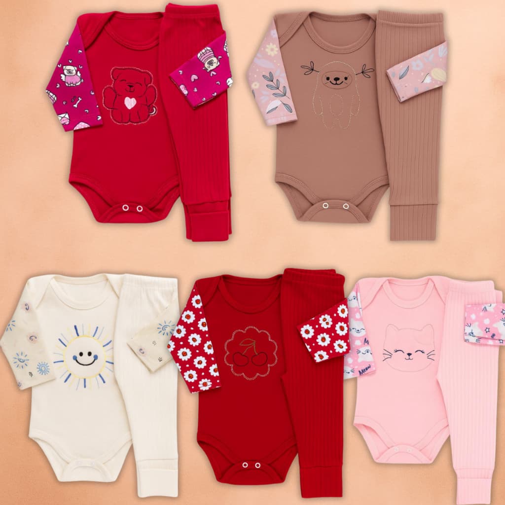 Kit 8 Peças Body Bebe Bordado Mijão Canelado Vira Pé Menina 100% ALG