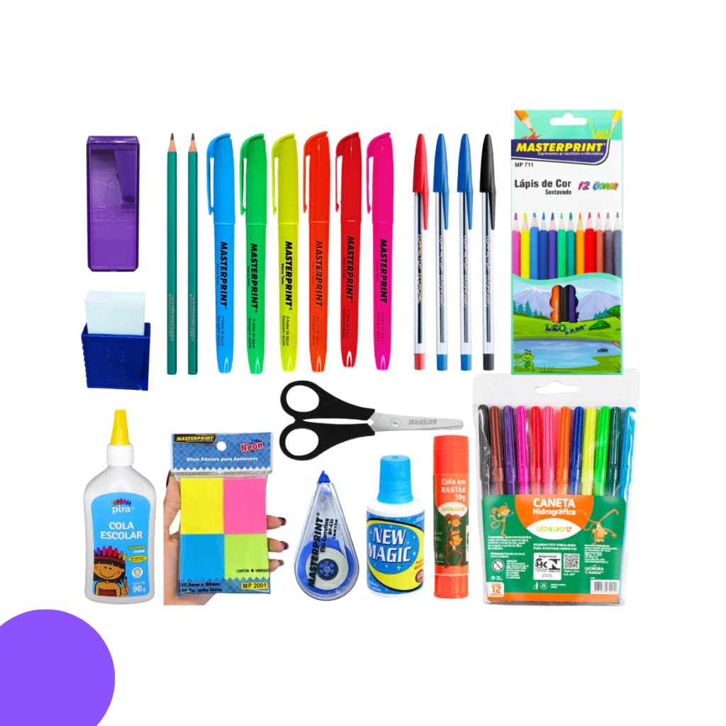 kit 47 Itens Material Escolar Volta as aulas ensino fundamental médio Básico caneta lápis marca texto borracha corretivo