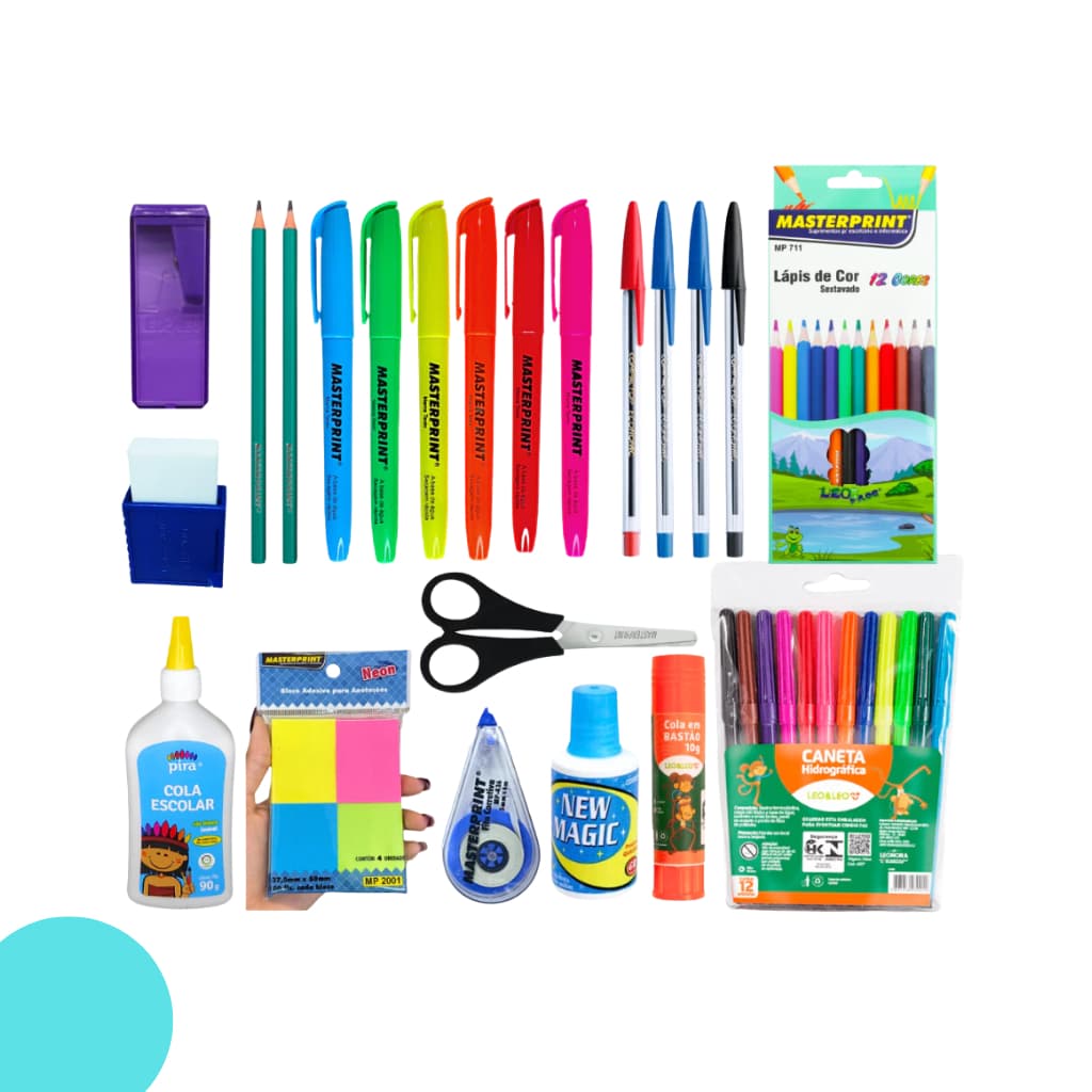 kit 47 Itens Material Escolar Volta as aulas ensino fundamental médio Básico caneta lápis marca texto borracha corretivo