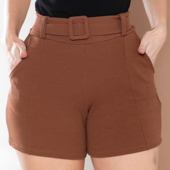 SHORT FEMININA LYCRA CINTURA ALTA FIVELA ENCAPADO MALHA CREPE