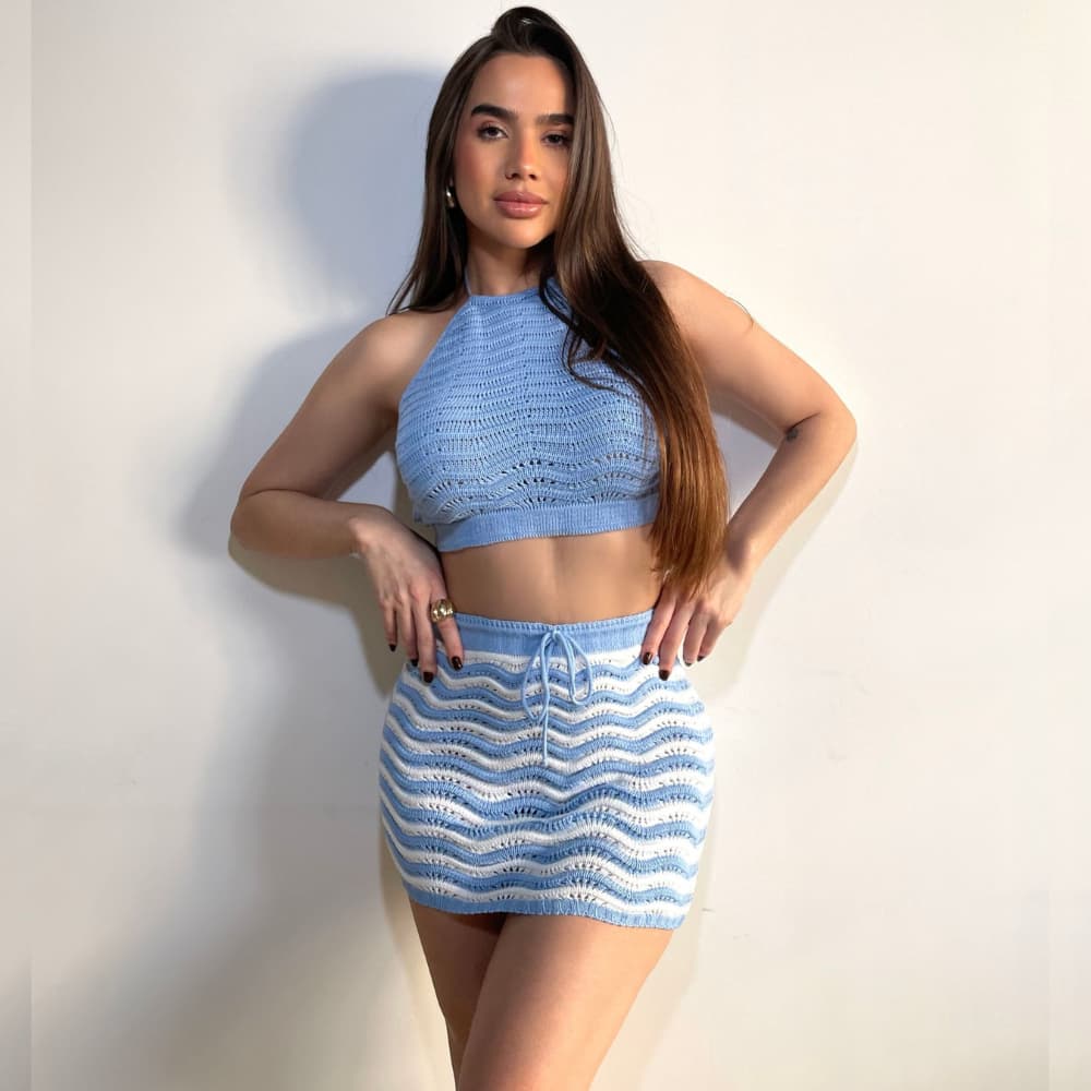 Conjunto praia feminino saia e top Tricot Crochê saída de praia verão 2026