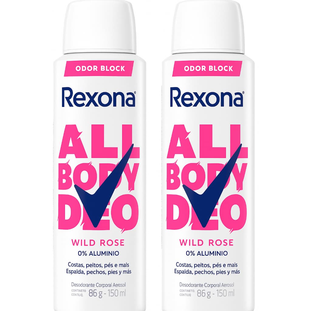 KIT 2UN Rexona All Body, Desodorante Corporal Aerossol, Para o Corpo Todo, Wild Rose 150ml