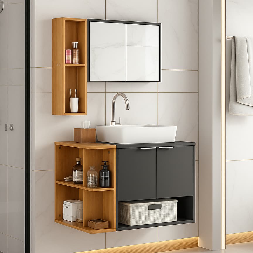 * PROMOÇÃO * Gabinete Banheiro Completo Ibiza com Cuba Elevada, 2 Portas, Armário Espelheira e Nichos Laterais (avulsos)