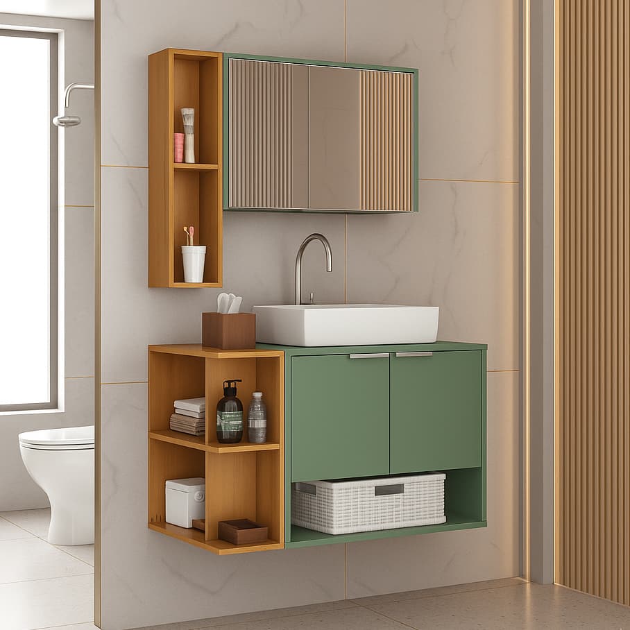 !!! QUEIMA DE ESTOQUE !!! Gabinete Banheiro Ibiza com Cuba 2 Portas e Armário Espelheira - PISTACHE/NATURALLE