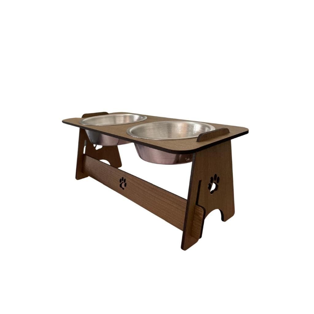 Comedouro Pet Duplo MDF Pintado com 2 Tigelas aluminio 300ml | Suporte Elevado Cães e Gatos