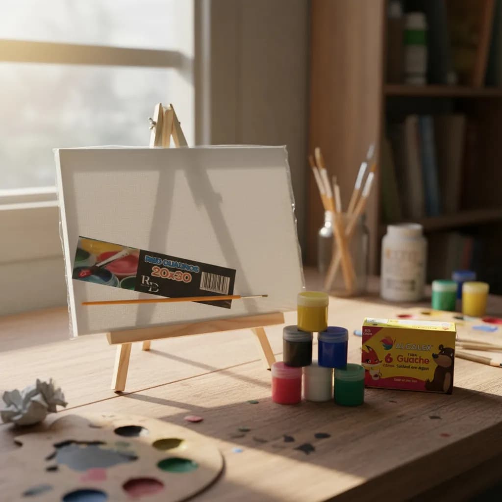 Kit Telas Pintura 20x30cm Algodão Uso Artístico +Cavalete 25x39 +6 guaches+ pincel Leia a Descrição