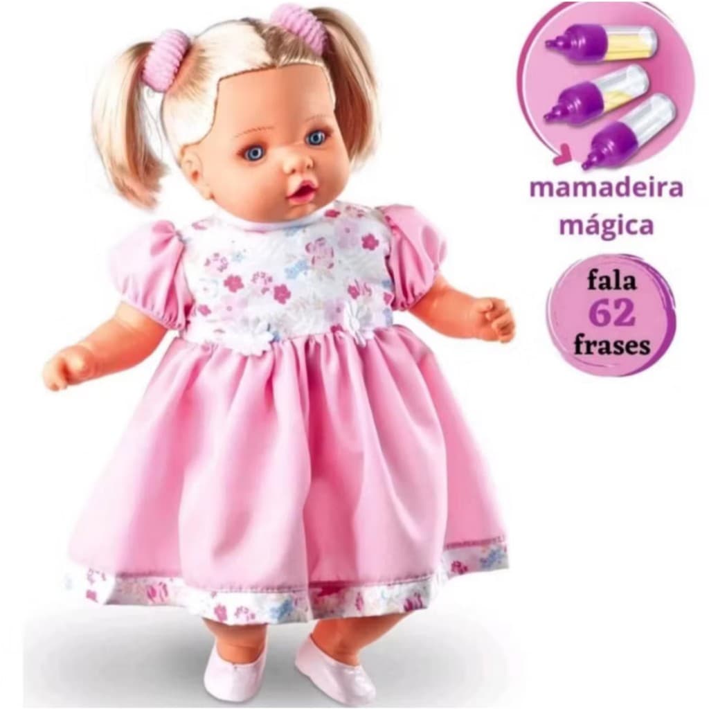 Boneca Angelina Loira Fala 62 Frases + Mamadeira Mágica Brinquedo Menina - Envio Imediato