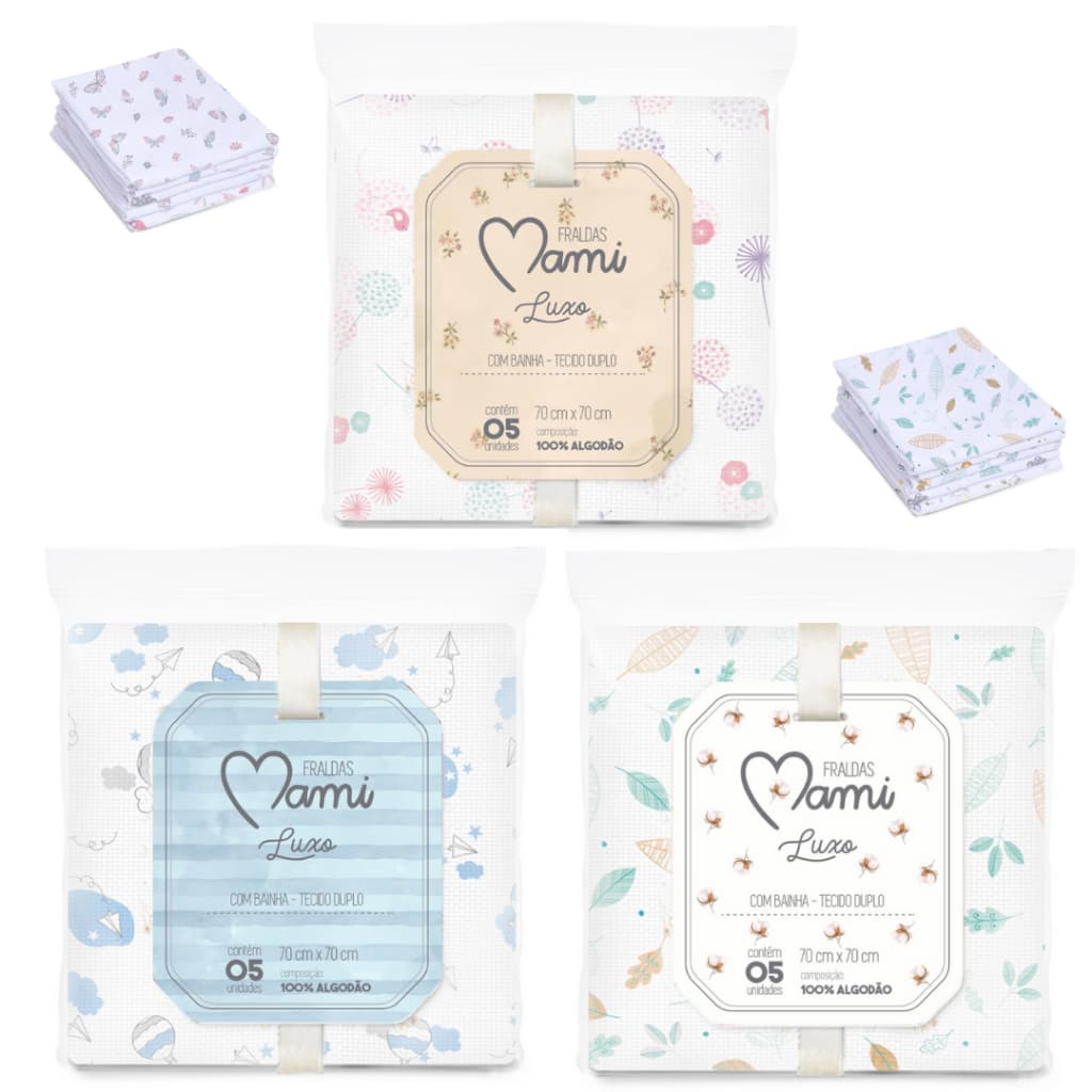 KIT 5 UNIDADES DE FRALDAS DE PANO MAMI LUXO 68x68cm ESTAMPADA C/BAINHA PAPI