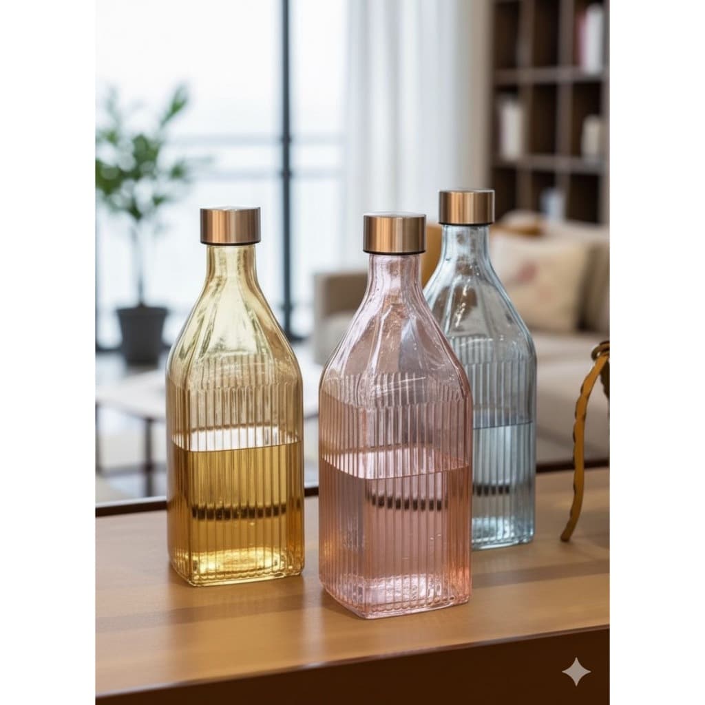 Garrafa De Vidro Scotch 1 Litro Quadrada Canelada Tampa Inox Água Suco Para Geladeira