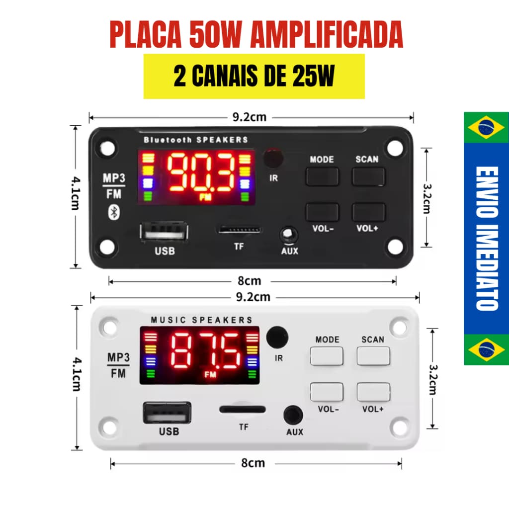 PLACA DECODIFICADORA MP3 AMPLIFICADA 50W 2*25W P/ CAIXA PASSIVO BLUETOOTH 5.0 SD CARD FM AUX | TROCA PASTAS