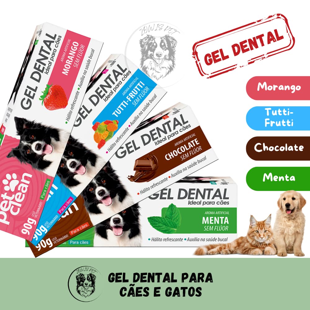 Gel Dental para Cães e Gatos 4 Sabores Morango Tutti Frutti Chocolate Menta 90g - Pet Clean