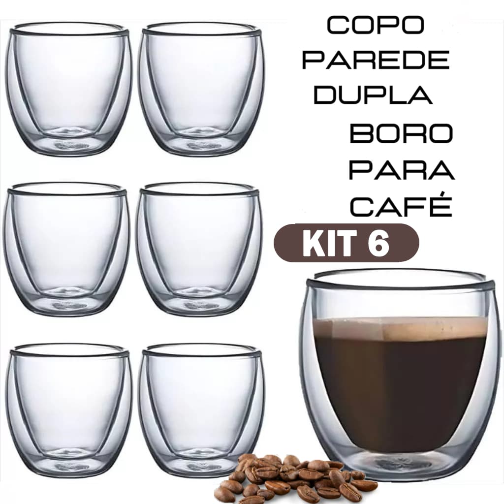 Kit 6 Vidro Caneca De Café Dupla Isolamento Térmico 80ML Ideal Para Festas e chá da Tarde