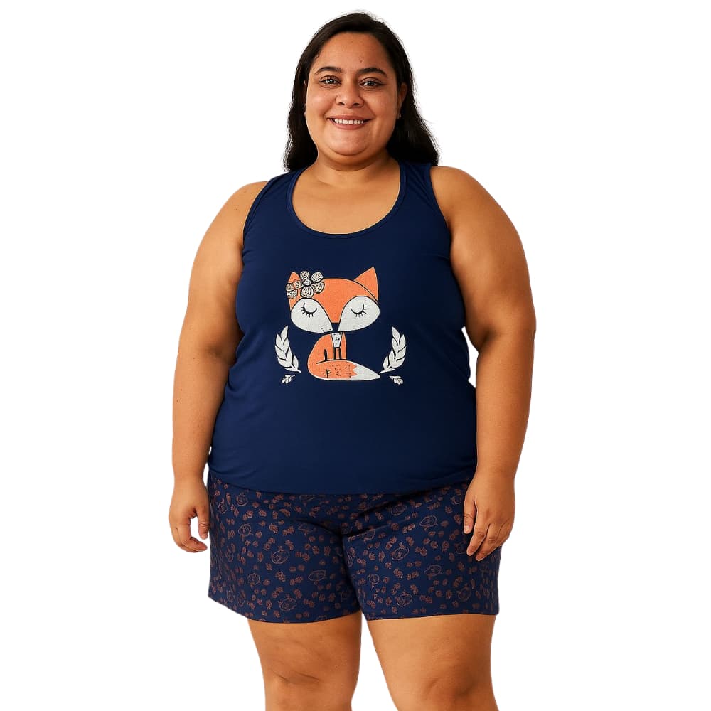 Pijama Baby Doll Regata Plus Size Raposa Malha Leve e Confortável