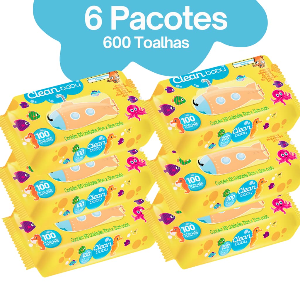 Toalha Umedecida Clean Baby sem álcool etílico 6 pacotes (600 unidades)