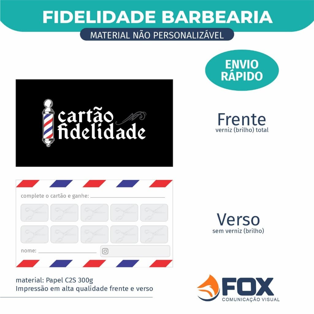 Cartão Fidelidade Pronto - Barbearia – Arte Padrão – 50, 100 e 200 unidades – Envio Rápido