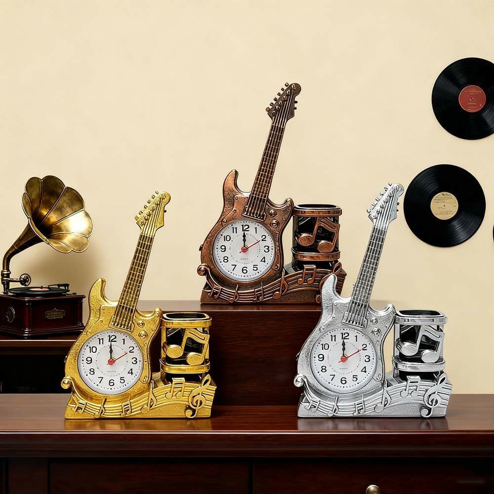 Relógio Mesa Guitarra/Carro - Porta-Lápis Musical, Várias Cores, Ideal Amantes Música/Estudantes