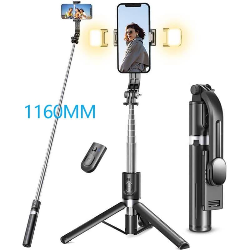 Iluminador Tripé Bastão de selfie Estabilizador celular extensível com  Dois luz LED para Fotos vlog Videos