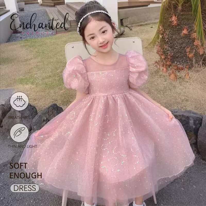 ENCHANTED PRINCESS 1 a 10 anos Vestido Glitter Rosa Claro Manga Godê De Festa Infantil Mangas bufantes