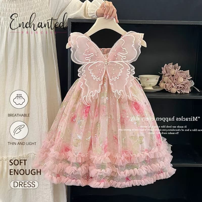 ENCHANTED PRINCESS Vestido floral de borboleta para meninas de 1 a 10 anos, vestido de princesa com asas de borboleta