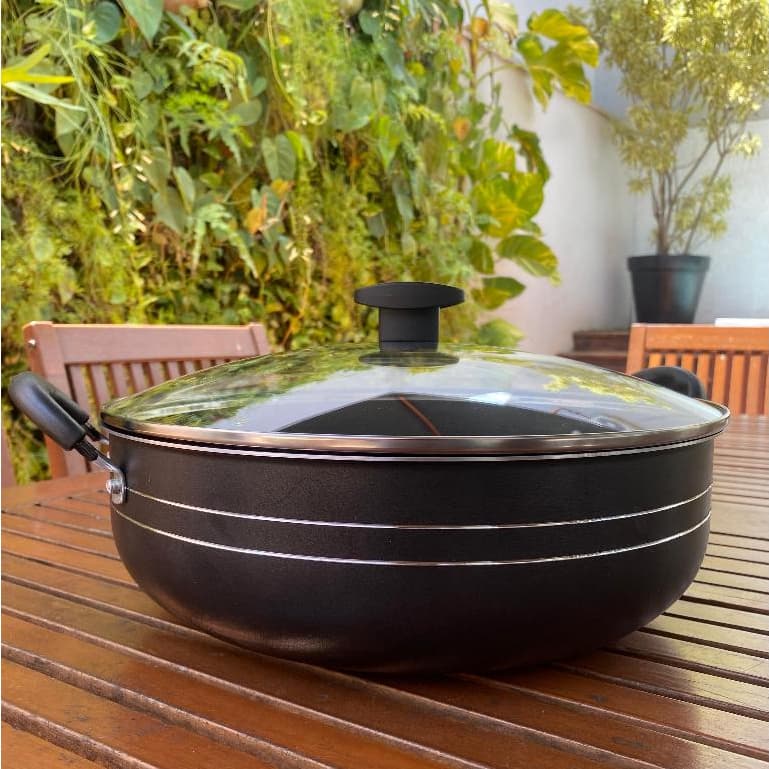 Panela Grande Frigideira Wok Silver Lines Antiaderente com alças + Tampa.