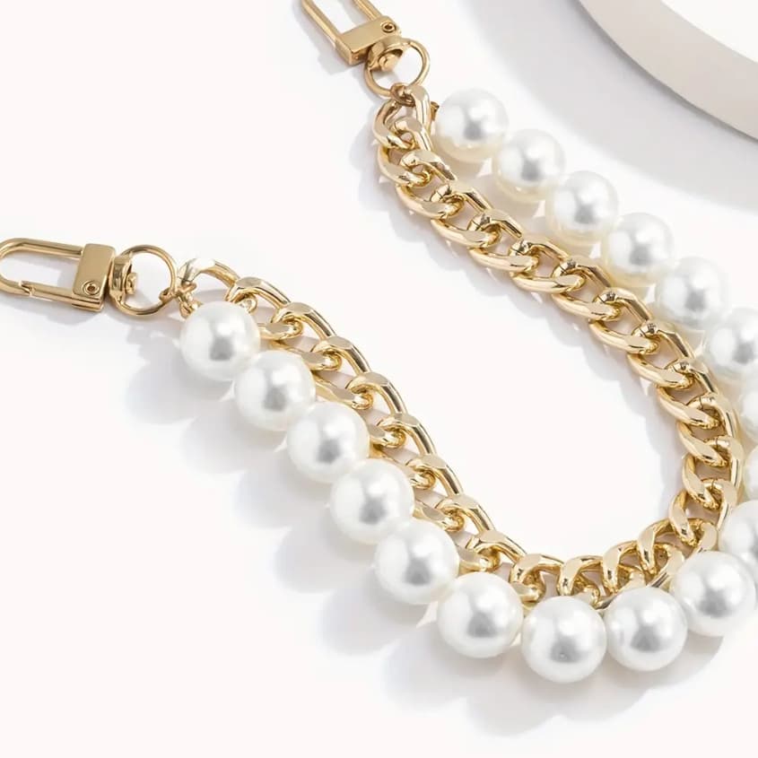 Alça Para Bolsa de Mão Com Pérolas e Corrente Dourada 29Cm