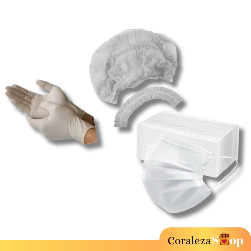 Kit Branco 100 Luva Latex+100 Touca TNT+100 Máscara Descartavel Tripla camada