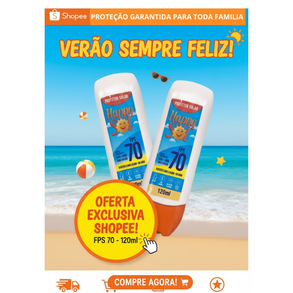 Protetor Solar Happy Sol FPS 70 (Kit 2 Unidades) - Proteção UVA/UVB I Creme com Vitamina E | 120ml Cada