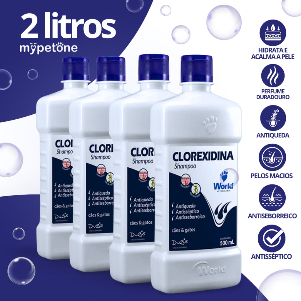 Kit 4 Shampoo World Veterinária Dug's Clorexidina Cães & Gatos - 500 mL