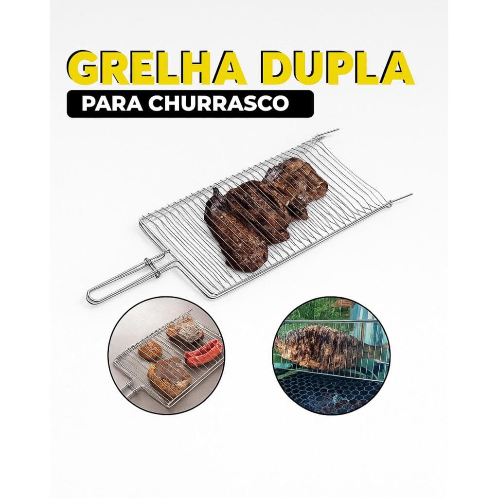 Grelha Dupla Folha Abaulada Pequena Premium 53 x 16 churrasco Peixe Frango Linguiça Aço Abre e Fecha