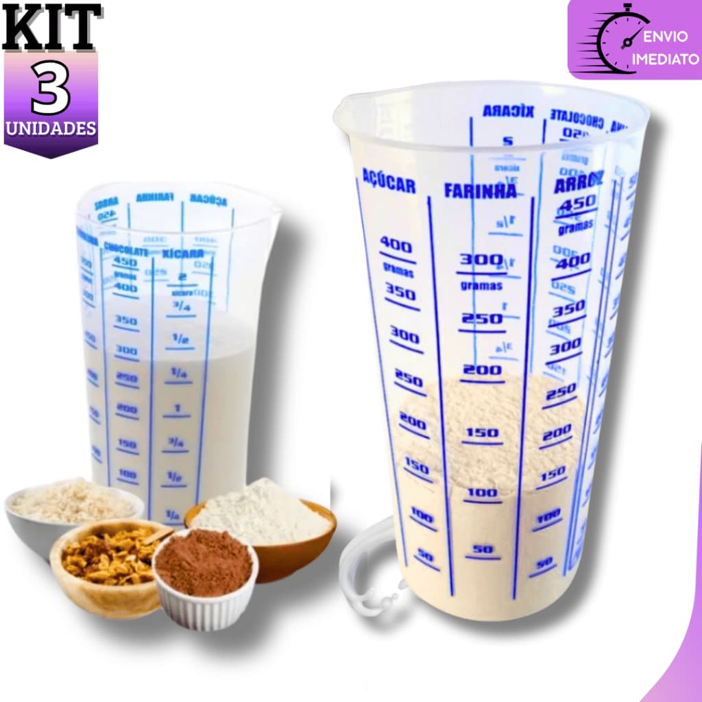 Kit 03 Copo Medidor Dosador Transparente Graduado 500 ml Para Receitas Culinária Cozinha