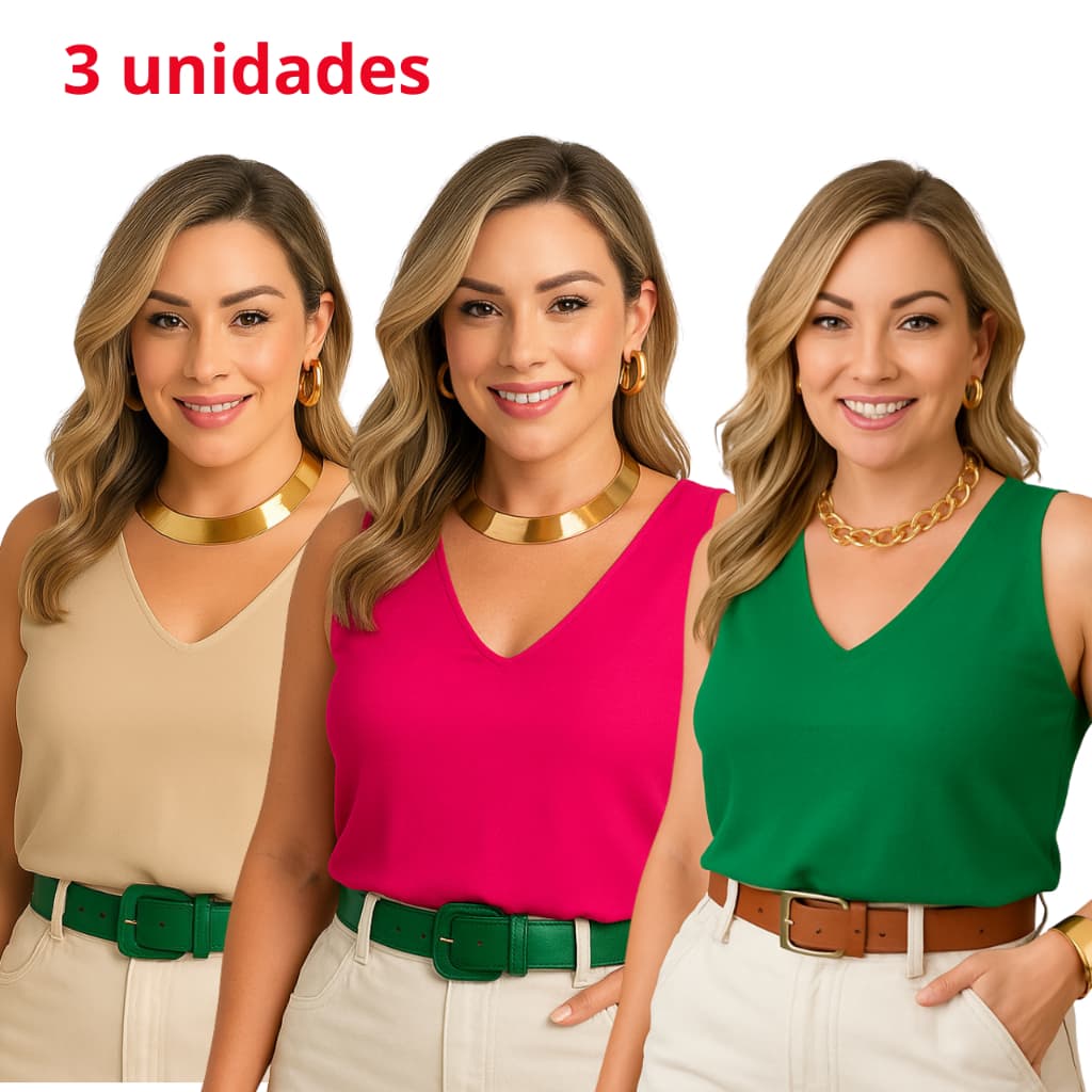 Kit 3 Blusas Regata Femininas Duna  Alça Larga Confortável