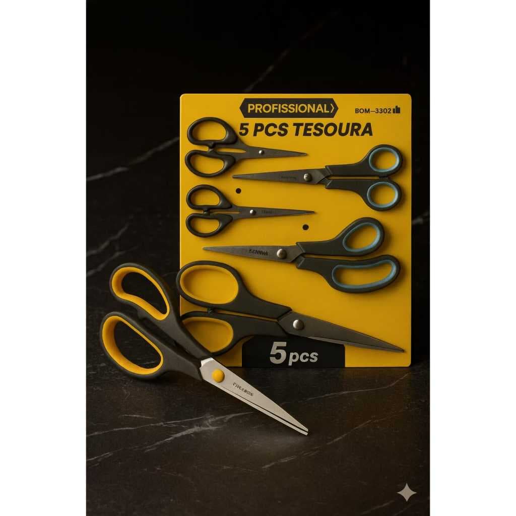 Kit 5 Tesouras Profissionais Afiadas Multiuso – Aço Inox, Doméstica, Costura, Artesanato Escritório