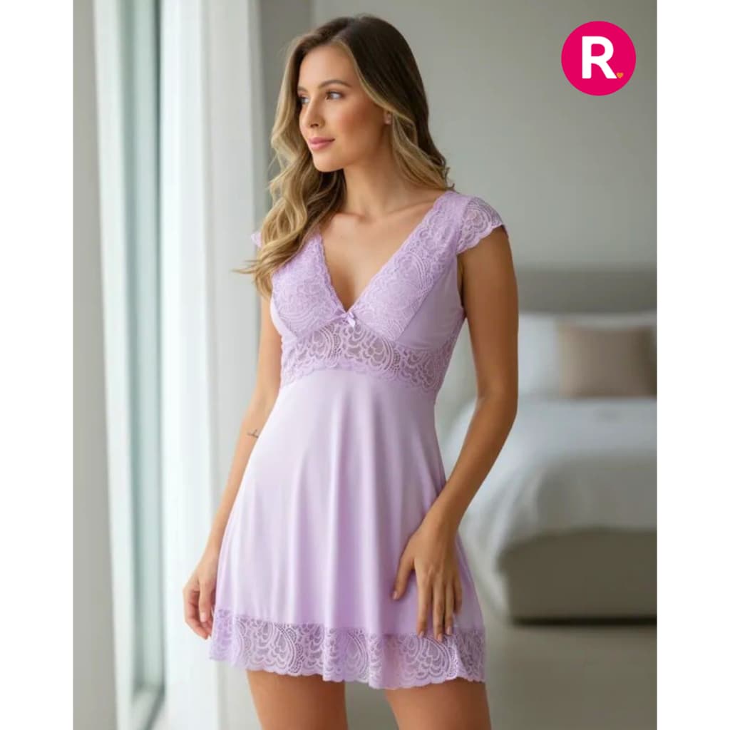 Camisola com Manga de Renda Luxo Lingerie Confortável Pijama Dormir Rendada Sensual Noiva Lua de Mel