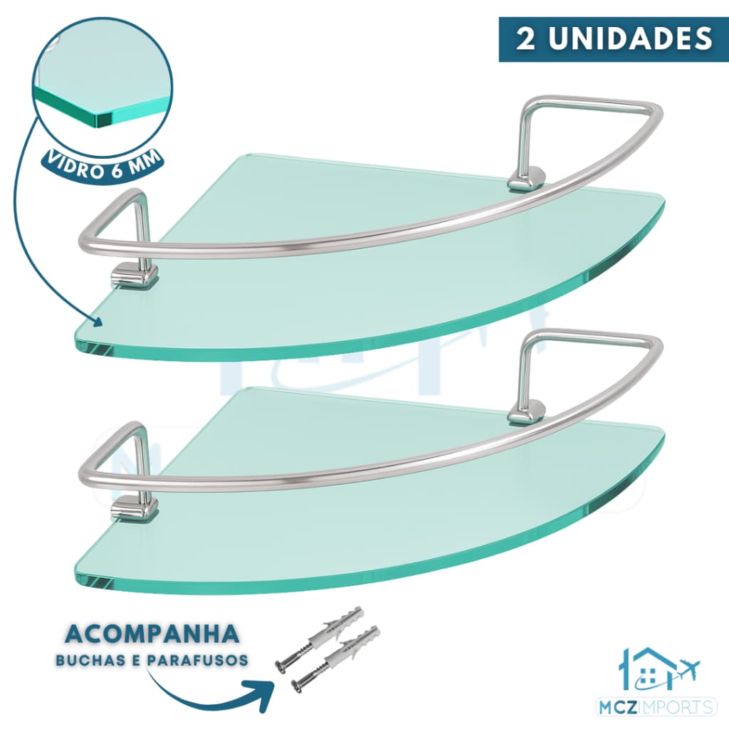 Kit 2 Prateleira Porta Shampoo Banheiro Alumínio Vidro Canto Antiferrugem Suporte Parede Organizador