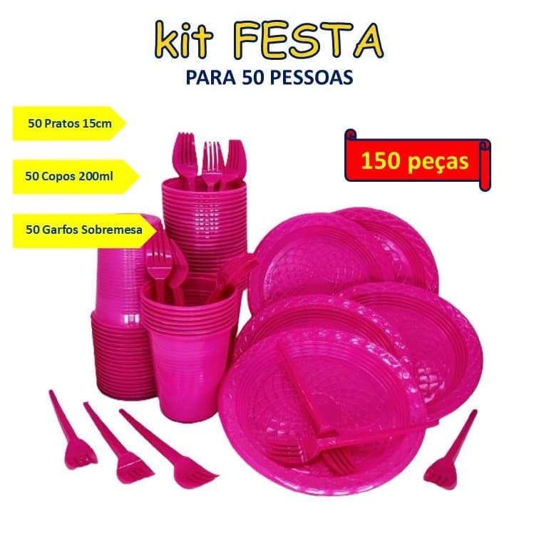 Kit Festa Aniversário Descartável 150 Peças: 50 Pratos, 50 Copos, 50 Garfos