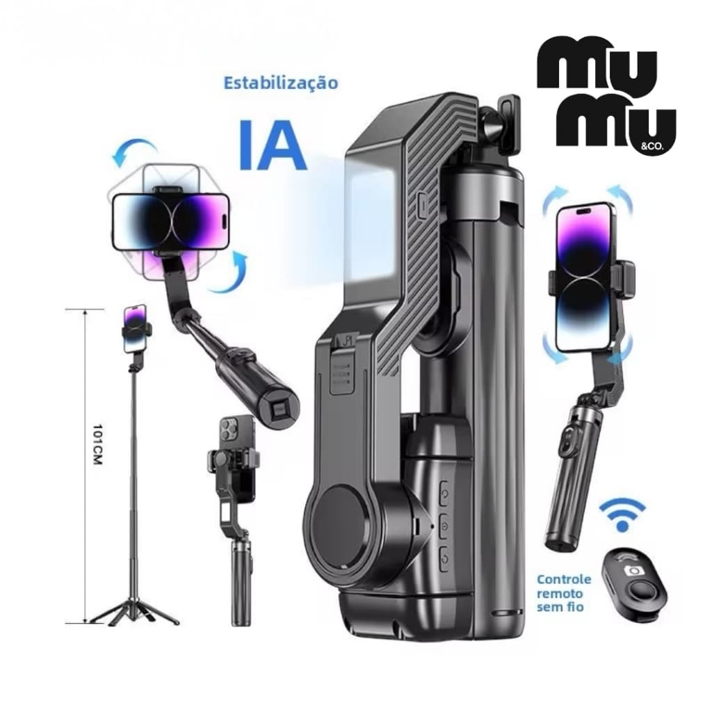 Estabilizador para Celular com Tripé Inteligente 360° Controle Remoto Bluetooth Dobrável