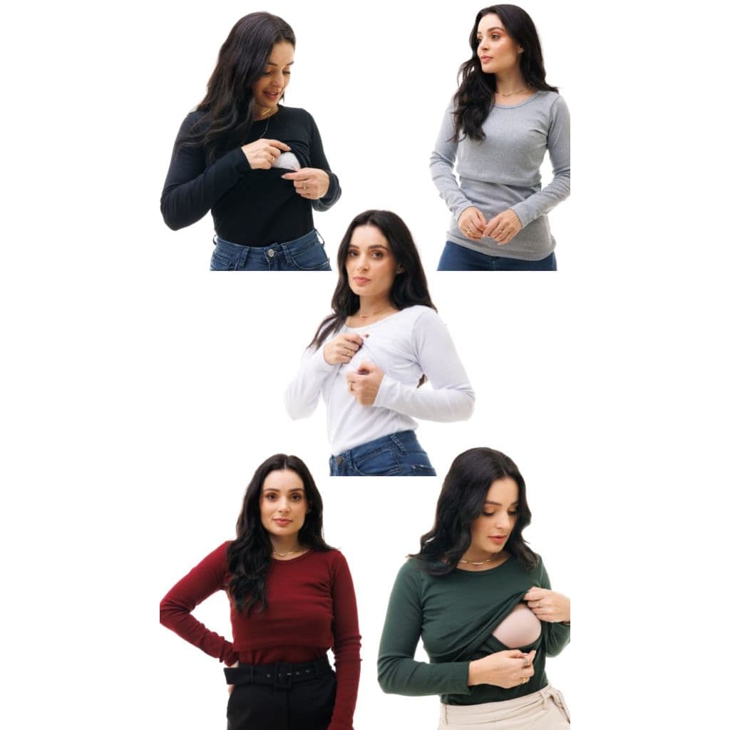 Kit 5 Blusas Amamentação Manga Longa Segunda Pele Amamentação Inverno Frio