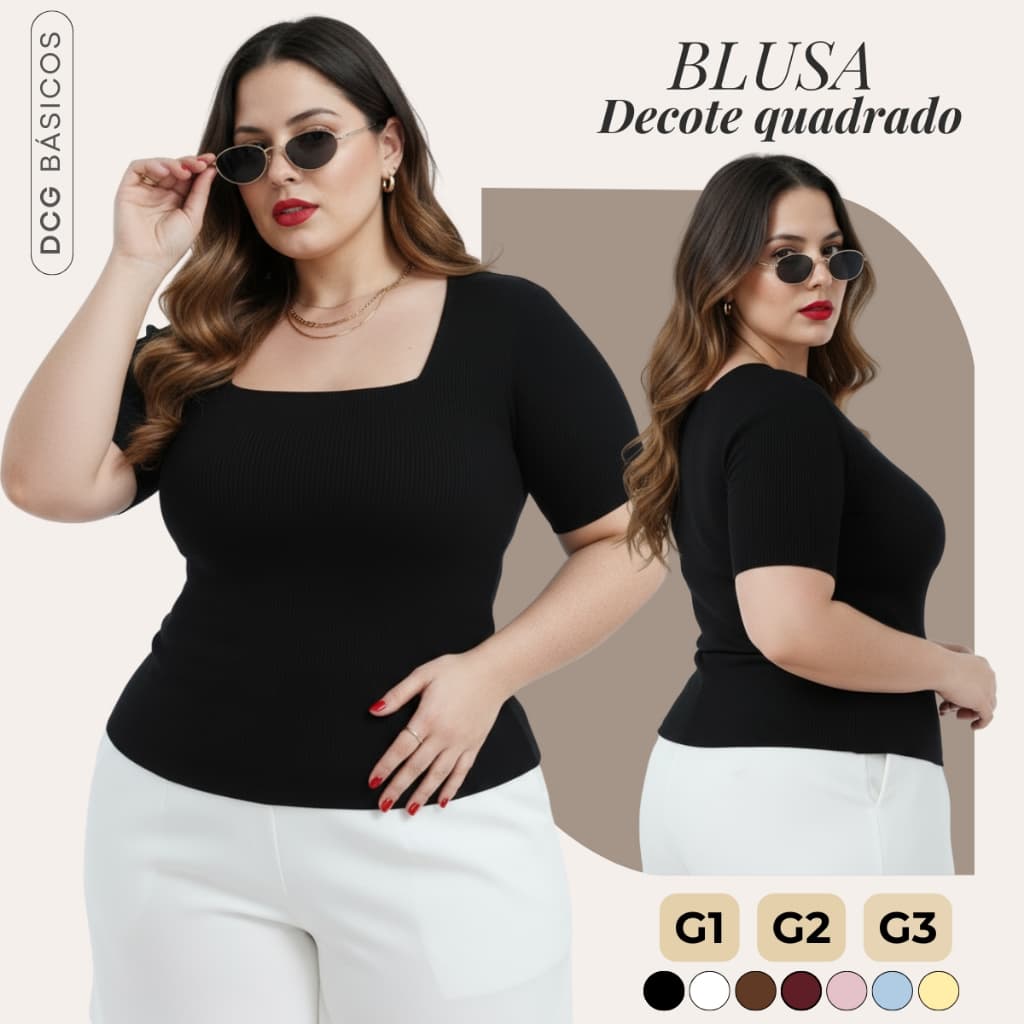 Blusa Feminina Plus Size Decote Quadrado Manga Curta Elegante G1 ao G3