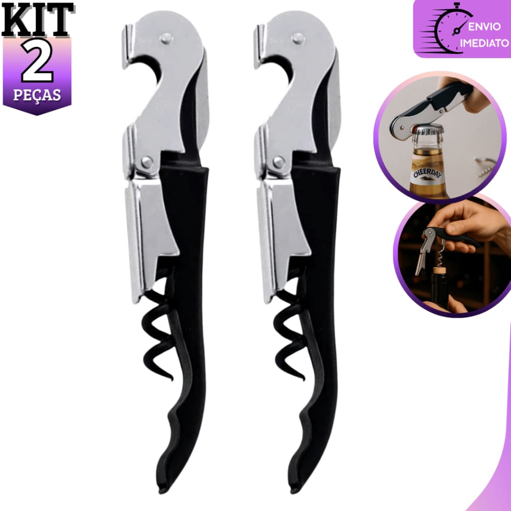 Kit 2 Saca Rolhas 3 Em 1 Abridor De Garrafa Vinho Reforçado