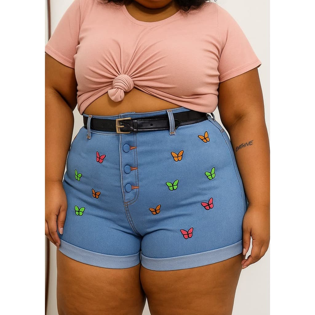Short Jeans Lycra Plus Size Feminina cintura alta botão encapado bordado cinto