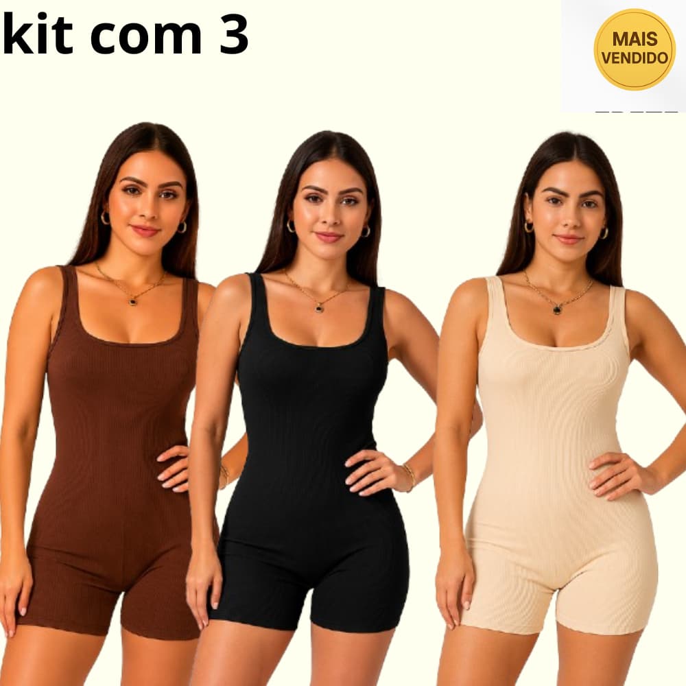 Kit 3 Macaquinho Feminino Academia Canelado Ribana  Versátil Estiloso